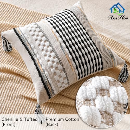 AmHoo Set of 2 Chenille Striped Textured Boho Throw Pillow Covers Aesthetic with Tassels Woven Decorative Pillow Case for Couch Bed Sofa Bedroom Modern Funky 18 x 18-Inch Black - Image 2