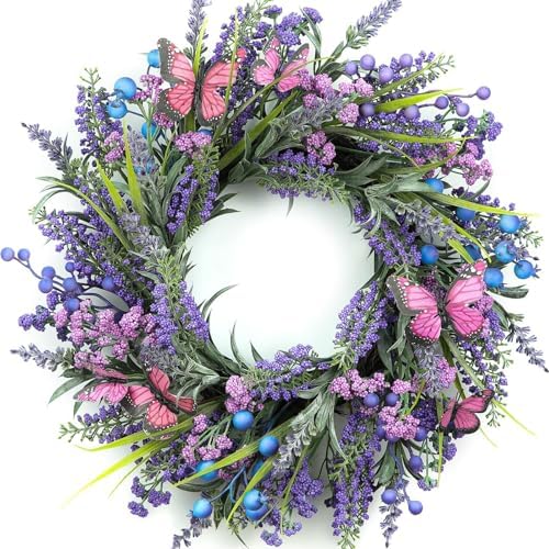 Lavender Wreaths for Front Door 24 Inch Spring Summer Wreath with Lavender,Berries, Butterflies,for Year-Round Use Indoors and Outdoors as Wall, Door, Window, Party and Wedding Decorations by DFRRENChristmasWreaths