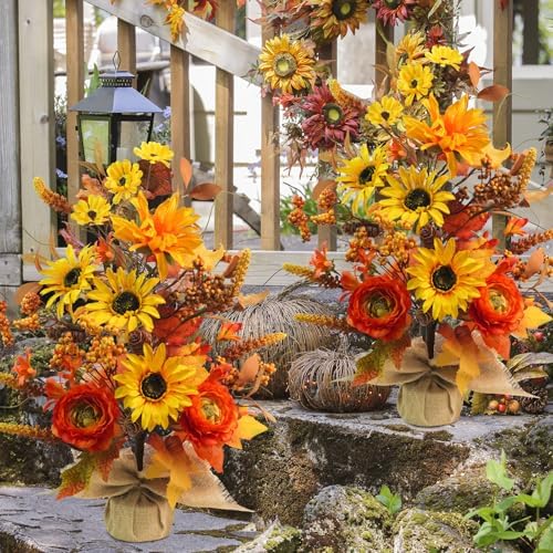 2 Pack Fall Table Decor, 19.6" Artificial Tabletop Fall Tree with Maple Leaves Sunflowers Fall Decorations for Indoor Outdoor Home Autumn Thanksgiving Table Centerpieces - Image 2