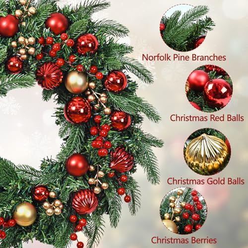 Christmas Wreath with Lights, 2 Pack 20 Inch Christmas Wreaths for Front Door, Large Winter Door Wreath with Ball Ornaments, Berries and Norfolk Pines, Xmas Decor for Indoor Outdoor Wall Windows - Image 4