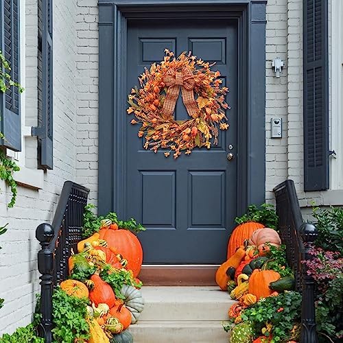 Idyllic 18 Inches Artificial Fall Wreath, Autumn Decoration with Berries & Leaves, Thanksgiving Harvest Front Door Wreath for Home Farmhouse Halloween Thanksgiving Day Festival Celebration Decor - Image 7