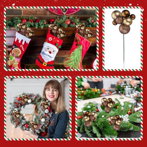 Daifunli 8 Pcs Brown and Gold Christmas Tree Picks 7.87 Inch Christmas Balls Ornaments Xmas Hanging Decorations for Xmas Tree Topper DIY Wreath Holiday Floral Vase Fillers Crafts Home Decor - Image 6