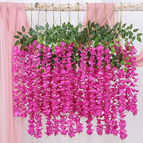 Duovlo 12 Piece Artificial Silk Wisteria Vine 3.6 Feet Ratta Hanging Flower Garland String Home Party Wedding Decor (New Rose Red) - Image 5