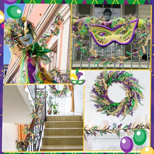Suncalla 6 ft Mardi Gras Garland Purple Green Gold Glitter Garland Mardi Gras Hanging Decorations for Front Door Carnival Party Wreaths Home Indoor Outdoor Fireplace Decor - Image 5