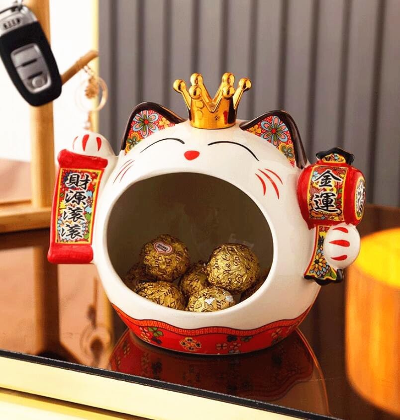 EatingBiting 7.9" Japanese Ceramics Maneki Neko Crown Cat Big Mouth Ornament Collectible Figurine Storage Box Decoration Art Sculpture Home Decor Decorative Beckoning Cat for Business Opening - Image 3