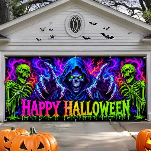 7x16FT Halloween Blacklight Neon Garage Door Cover Decorations happy Halloween Skull Garage Door Banner for Outdoor Indoor Halloween Decorations Party Photography Backdrop - Image 5