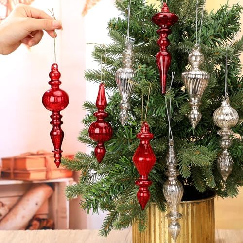 Mifoci 8 Pcs 6 Inch Mercury Glass Finial Christmas Ornaments,Red, Silver - Image 5