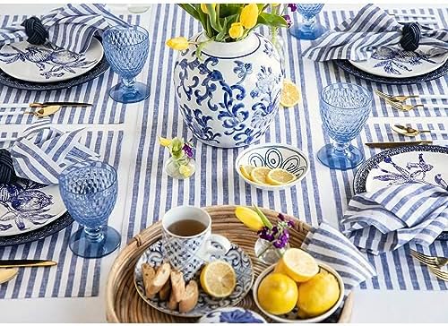 Solino Home 100% Pure Linen Table Runner, 14 x 90 in, Navy and White Stripe - Image 3