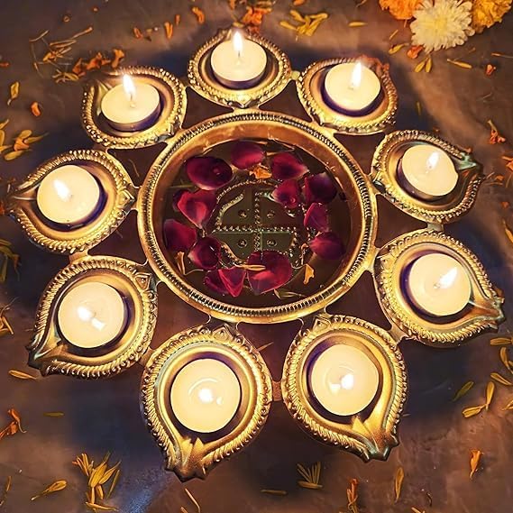 Diwali Diyas |Urli |Handcrafted Metal Decorative Bowl for Floating Flowers |Tea Light Candle Holders |Diwali Decorations |Diwali Candles (Swastik 9 Diya Urli) - Image 5
