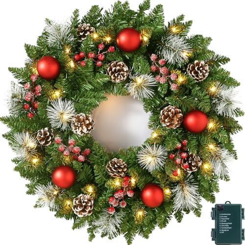 24 Inch Pre-Lit Artificial Christmas Wreath for Front Door, Christmas Door Decorations Wreath with LED Warm Lights, Balls, Pine Needles, and Red Berries Wall Windows Ornament by Unknown