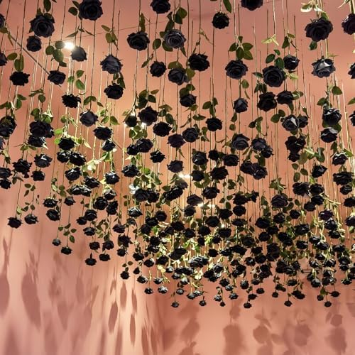 Lyrow 60 Pack Black Artificial Flower Hanging Ornaments Rose Floating Garland Gothic Halloween Moody Dark Wedding Victorian Goth Black Aesthetic Ceiling Garland Home Table Decor DIY Bouquet Craft - Image 2
