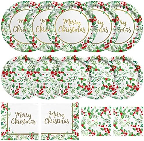 Christmas Party Supplies, Serve 50, Christmas Seasonal Holly Tableware Includes: Paper Dinner Plates, Dessert Plates, Luncheon Napkins and Beverage napkins, Great for Party Decorations by Gatherfun