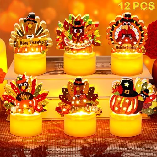 12 PCS Thanksgiving Table Decorations Turkey Tea Lights Candles, Battery Operated Thanksgiving LED Flameless Tealight Candles Thanksgiving Turkey Centerpieces Decorations for Home Indoor Kitchen Party by Envotek