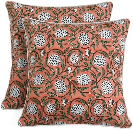 Ridhi Block Print Dark Salmon Pink Pillow Cover 18" x 18" (Pack of 2) Decorative Couch Pillows for Living Room, Chic Boho Cute Outdoor Pillows Covers Gifts for Spring, Easter and Valentine by Ridhi