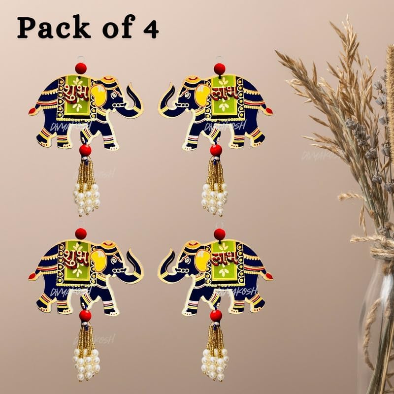 Divyakosh Door Hangings for Home | 2 Pair (4 Pieces), Blue, Size - 5 Inch each| Temple & Pooja Decoration Items, Elephant Shubh-Labh Hanging Wall/Door Decoration - Image 2