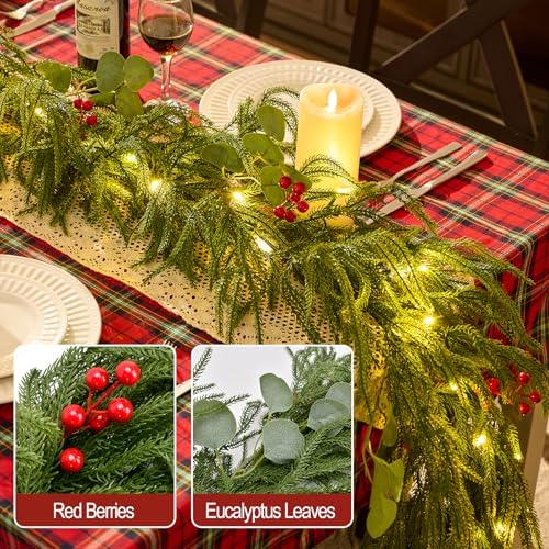 9FT Christmas Garland with Lights, Battery Operated Garland with Red Berries and Eucalyptus Leaves, Real Touch Artificial Prelit Garland for Mantle, Fireplace, Table, Stairs & Christmas Decorations - Image 4