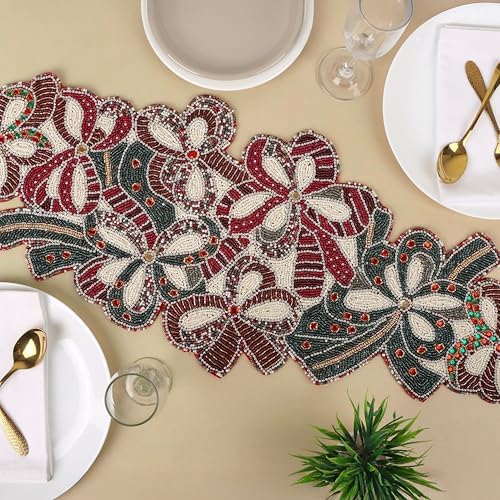 CLEENTABLE Christmas Beaded Table Runner, Red & White, 13x36 - Image 2
