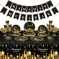 Ramadan Party Supplies Decorations for Home, Eid Ramadan Mubarak Banner Black and Gold Plates and Napkins Set, Disposable Paper Plates Napkins Banner Tablecloth for Ramadan Party Decorations, Serve 25 by Zachely