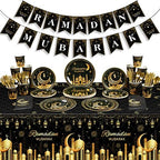 Ramadan Party Supplies Decorations for Home, Eid Ramadan Mubarak Banner Black and Gold Plates and Napkins Set, Disposable Paper Plates Napkins Banner Tablecloth for Ramadan Party Decorations, Serve 25 by Zachely