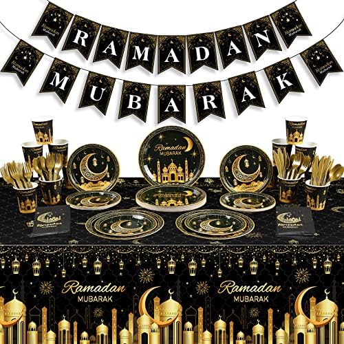 Ramadan Party Supplies Decorations for Home, Eid Ramadan Mubarak Banner Black and Gold Plates and Napkins Set, Disposable Paper Plates Napkins Banner Tablecloth for Ramadan Party Decorations, Serve 25 by Zachely
