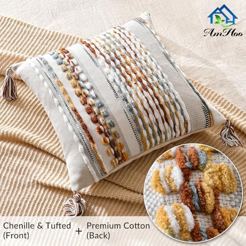 AmHoo Set of 2 Chenille Striped Textured Boho Throw Pillow Covers Aesthetic with Tassels Woven Decorative Pillow Case for Couch Bed Sofa Bedroom Modern Funky 18 x 18-Inch Brown - Image 2