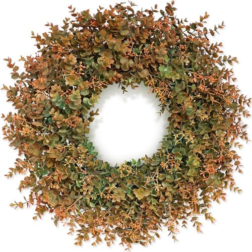 26"Artificial Eucalyptus Wreath with Seed for Front Door Decor(Fall Orange) by YXZZWL