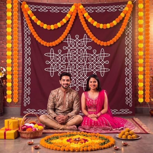 6.5x5.6 ft Indian Pooja Decor Kolam Backdrop, 4 Pcs Marigold Garland, Brown - Image 5