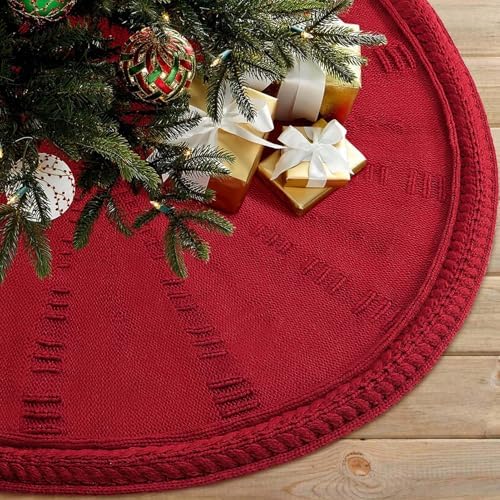 Christmas Tree Skirt 48 Inch Large - Knit Knitted Thick Rustic Tree Skirt Decor for Fall Thanksgiving Day Xmas Holiday Party Winter Farmhouse New Year Decoration Indoor Outdoor(Red) - Image 2