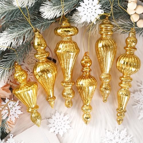 Mercury Glass Christmas Ornaments, Vintage Finial Decorations, Gold, 6-Pc by OuMuaMua