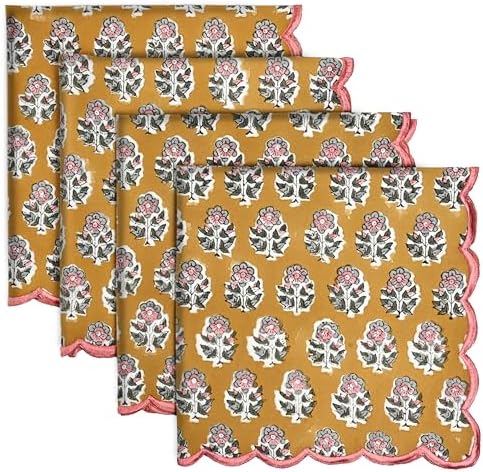 CPC Citrine Yellow Block Print Cotton Embroidery Napkin 18x18 (Pack of 4) by COTTONPRINTCLUB