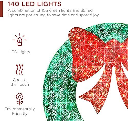 Best Choice Products 48in Pre-Lit Outdoor Christmas Wreath Decoration, LED Metal Holiday Decor for Home w/ 140 Lights, Bow - Green/Red - Image 3