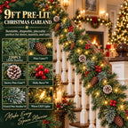 9FT Christmas Garland with Lights, Pre-Lit Lighted Christmas Decorations for Mantle Fireplace Table Stairs,Winter Indoor Outdoor Xmas Home Decor,Realistic Cedar Pine Garlands with Pinecone Berries - Image 2