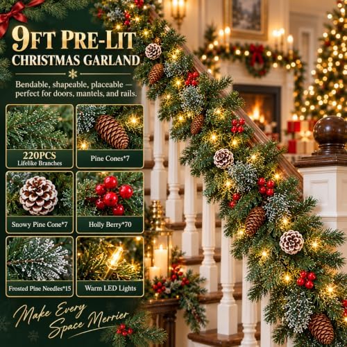 9FT Christmas Garland with Lights, Pre-Lit Lighted Christmas Decorations for Mantle Fireplace Table Stairs,Winter Indoor Outdoor Xmas Home Decor,Realistic Cedar Pine Garlands with Pinecone Berries - Image 2
