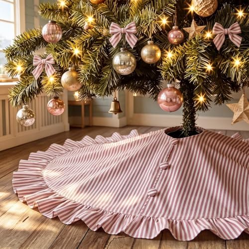 48 Inches Striped Christmas Tree Skirt Vintage Ruffle Decor, Red White by Civaner
