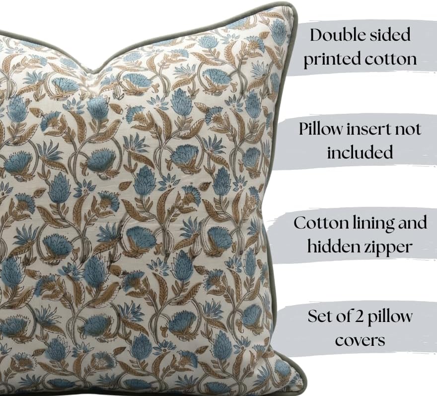Floral Pillow Covers Teal Blue Set of 2 Pillow Covers 24 x 24 inches Farmhouse Pillow Covers for Couch Bed Bedroom Living Throw Pillow Covers Boho Decorative Pillow for Spring - Image 2