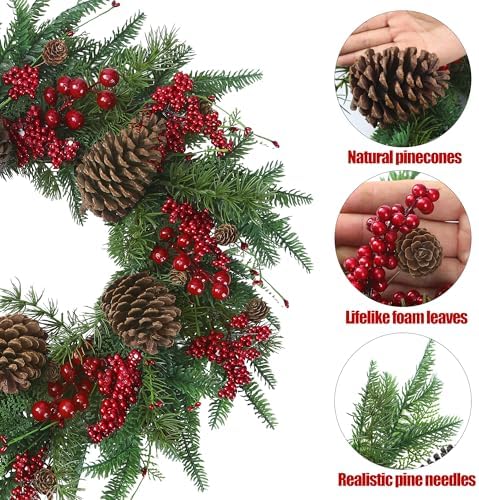 22’’ Artificial Christmas Wreath Norfolk Pine Wreath for Front Door with Pine Needles Red Berries Big Pinecones Christmas Decorations for Winter Farmhouse Wall Indoor Outdoor Home Holiday Xmas Decor - Image 7