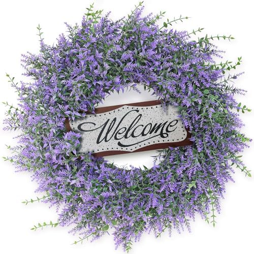 26"Fake Lavender Eucalyptus Wreath with Welcome Sign for Front Door(Purple) by GLIDLION