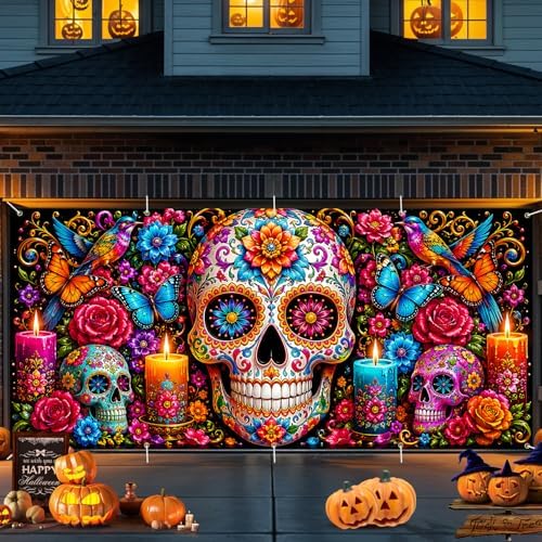 Day of the Dead Garage Door Banner 7x16 FT - Dia De Los Muertos Sugar Skull Backdrop Cover with Vibrant Flowers Butterflies Candles Decor for Double Car Garage Door Outdoor Fiesta Party by THISFIND