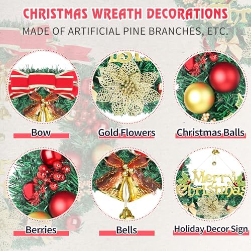 Christmas Wreaths for Front Door, Artificial Christmas Wreath with Bow, Bells, Berries, Gold Flowers and Holiday Decor Sign, Winter Wreaths for Fireplace, Windows, Wall Decor(20 Inches) - Image 4