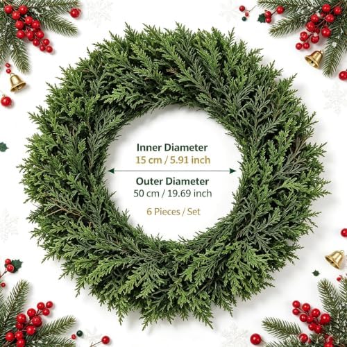 Christmas Placemats Set of 6 Artificial Cedar Wreath Charger Plates 19.7" Round Faux Greenery Branch Place Mats Winter for Winter Xmas Holiday Dinner Party Kitchen Dining Christmas Table Decorations - Image 2
