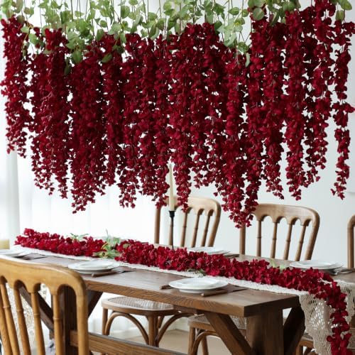 mizii 6Pcs Burgundy Wisteria Hanging Flowers 48" Silk Wisteria Artificial Flowers Garland Vines Fake Hanging Flower Decoration for Wedding Wall Backdrop Centerpieces Party Room Decor (Burgundy Red) - Image 3