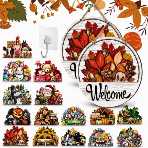 16 PCS Interchangeable Welcome Sign for Front Door, 11.8'' Magnetic Welcome Sign for Front Door with 16 Magnetic Icons, One Sign for Every Season for Home House Warming Gifts，2PCS by Unknown