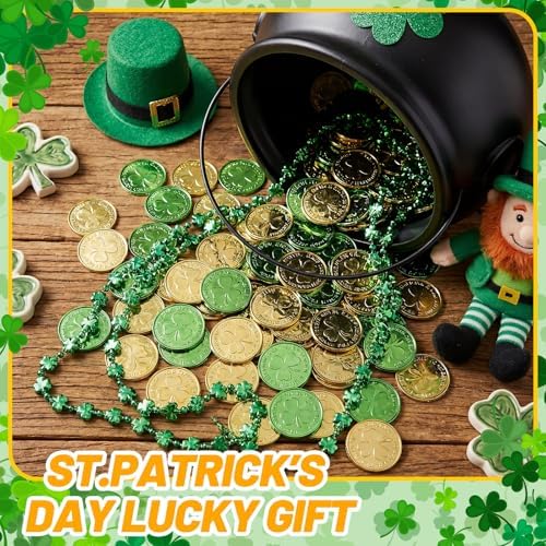 Seenelling 215 Pcs St. Patrick's Day Decoration Pot Set Black Cauldron with Handle Lucky Shamrock Coins Beaded Necklaces Shamrock Tinsel Garland Wood Witch Legs for St. Patrick's Day Party Decor - Image 3