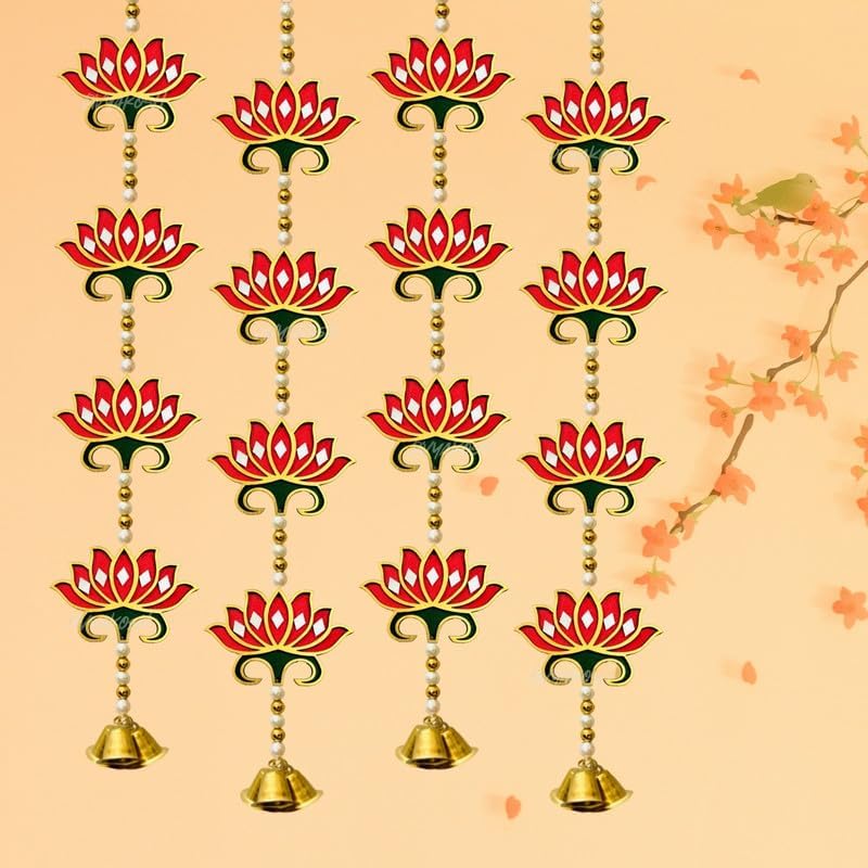 Divyakosh Door Hangings for Home | 4 Red Lotus with Bell Latkans, Size - 24 Inch Each | Temple & Pooja Decoration Items - Image 7