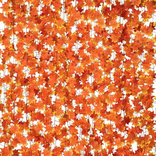 CQURE 48 Pack Fall Leaf Garland, Total 336Ft Artificial Fall Maple Leaves Autumn Vines Garland Thanksgiving Decor for Home Fireplace Party by CQURE