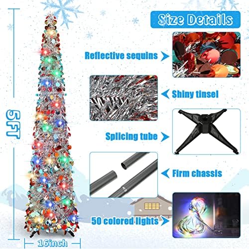 Aoriher 5 ft Pre-lit Pop up Silver Christmas Tinsel Tree Decor Reusable Collapsible Artificial Sequins Slim Pencil Tree with Colorful String Lights for Holiday Party Home Indoor Outdoor - Image 3