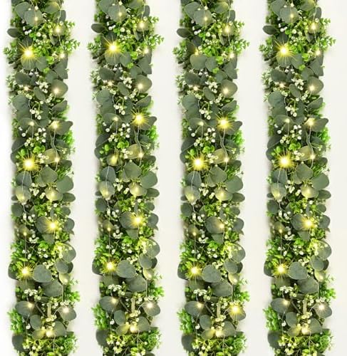 4Pcs Eucalyptus Garland with Lights, Greenery Garland, Green Garland with Flowers, 5.9FT Artificial Faux Eucalyptus Leaves Vines for Table Mantle Home Wedding Party Indoor Outdoor Decor by Waipfaru