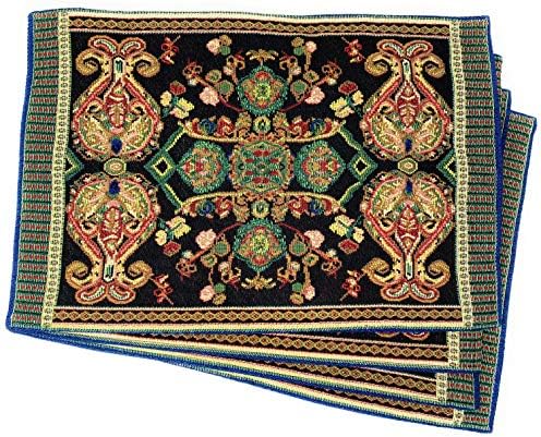 Tache Set of 4 Black & Green Tapestry Placemats – Woven Floral Paisley Medallion, Rococo Baroque Style – Cotton Linen Cloth Table Mats for Dining, Kitchen & Holiday Decor (13" x 19") by TacheHomeFashion
