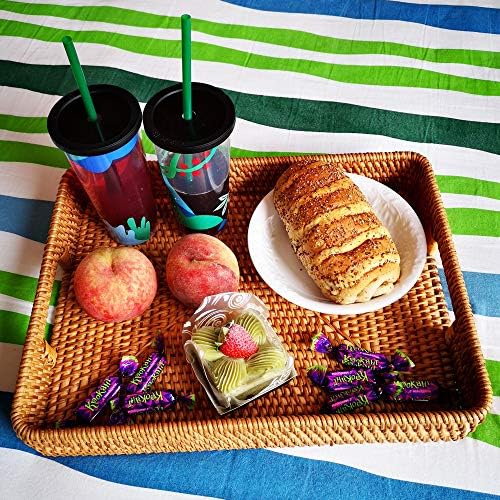 i-lan 15 Inch Large Size Handwoven Serving Tray, Decorative Rectangular Rattan Basket Bread Trays with Handles and 2.3”Wall, Vintage Organizer Plate Wicker Basket Tray for Dessert, Snack, Candy, L - Image 2