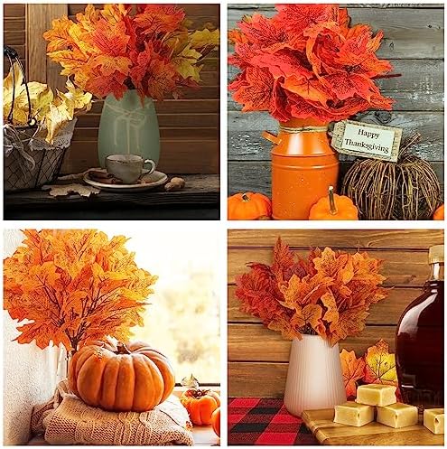 Tigeen 8Pcs Fall Leaves Faux Maple Leaves Stems Thanksgiving Decor, Vibrant - Image 4